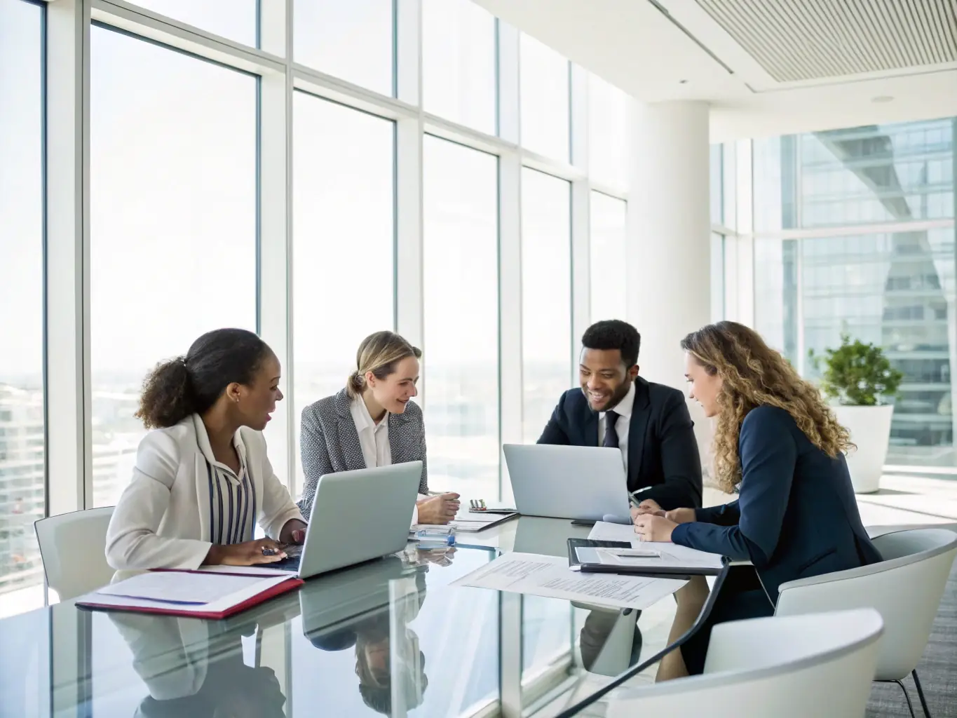 A professional image showcasing a diverse team of digital marketing experts collaborating in a modern office setting, representing Twins Groups LLC's expertise.