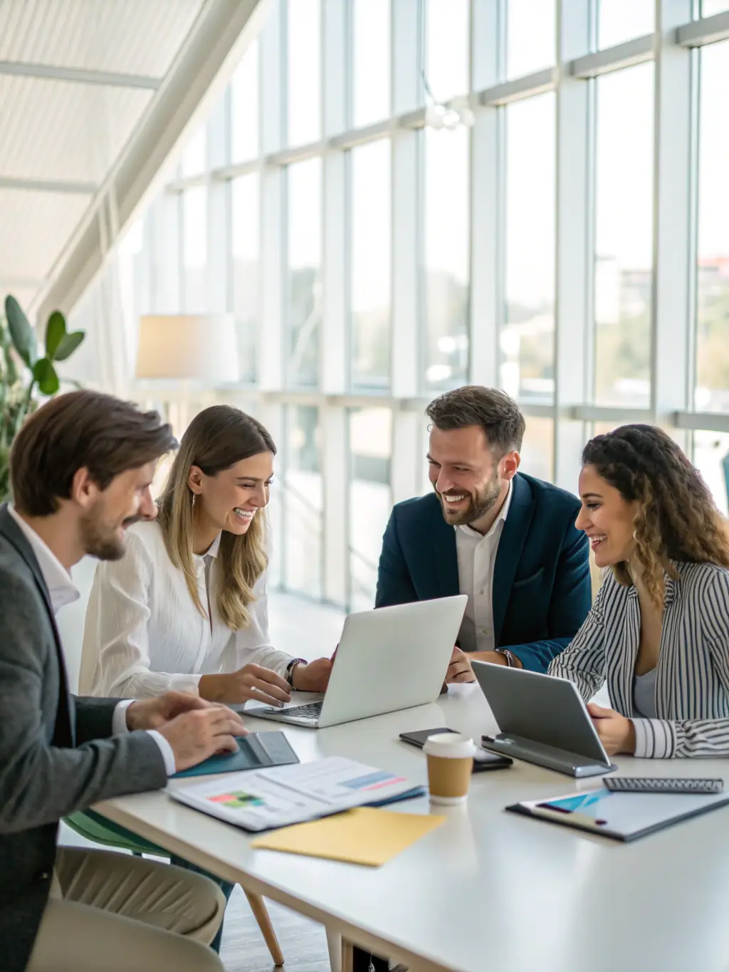 A diverse team collaborating in a modern office, brainstorming innovative strategies for e-commerce growth and digital marketing solutions.