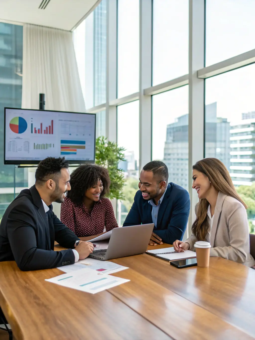 A diverse team collaborating on digital marketing strategies in a modern office setting, representing comprehensive digital solutions.
